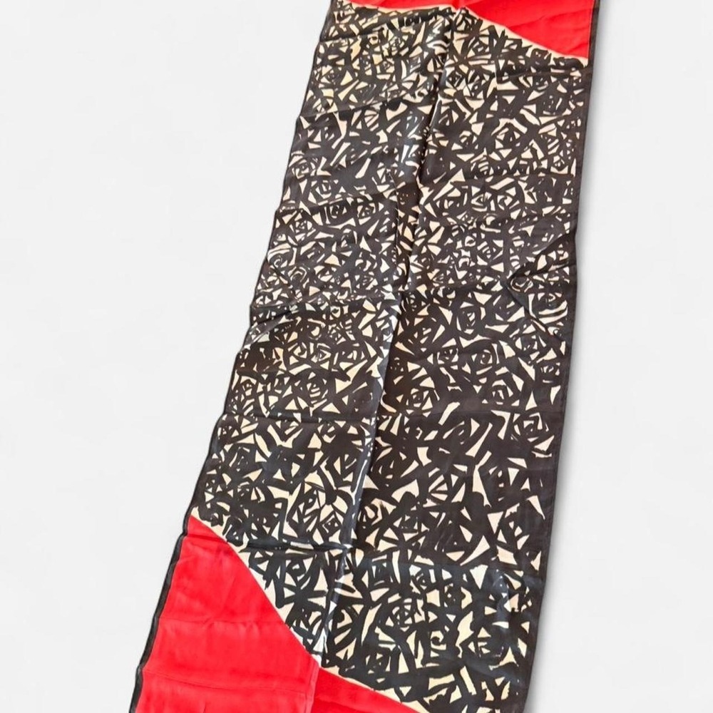 Vintage Abstract Rose Print Silk Scarf Black Cream Red Geometric Neck Wrap